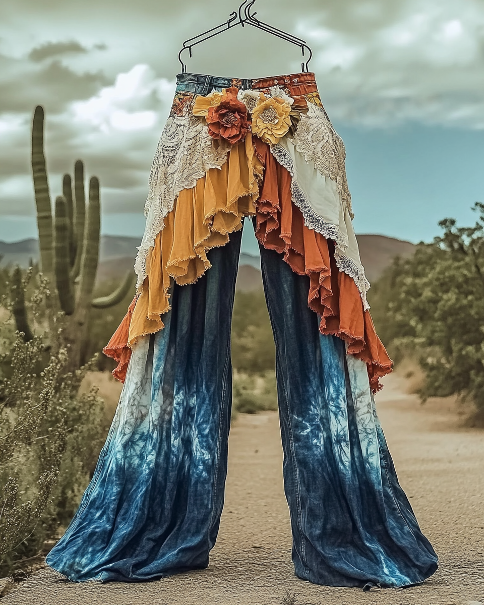 Summer ruffled denim cotton and linen patchwork contrast color pants 343a