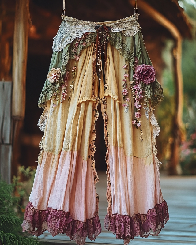 Summer ruffled cotton and linen patchwork contrast color pants d053