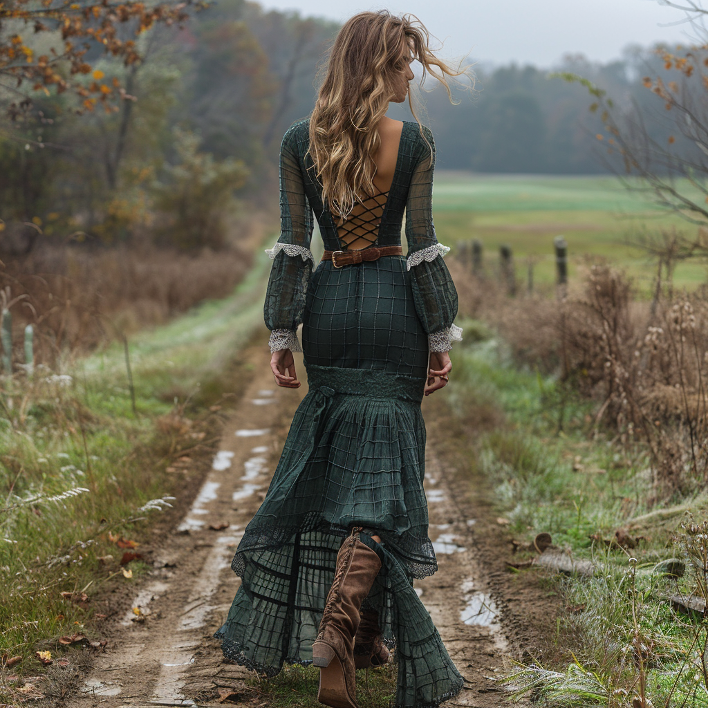 Women's Retro Pastoral Style Plaid Long-sleeve Sexy Maxi Long Dress