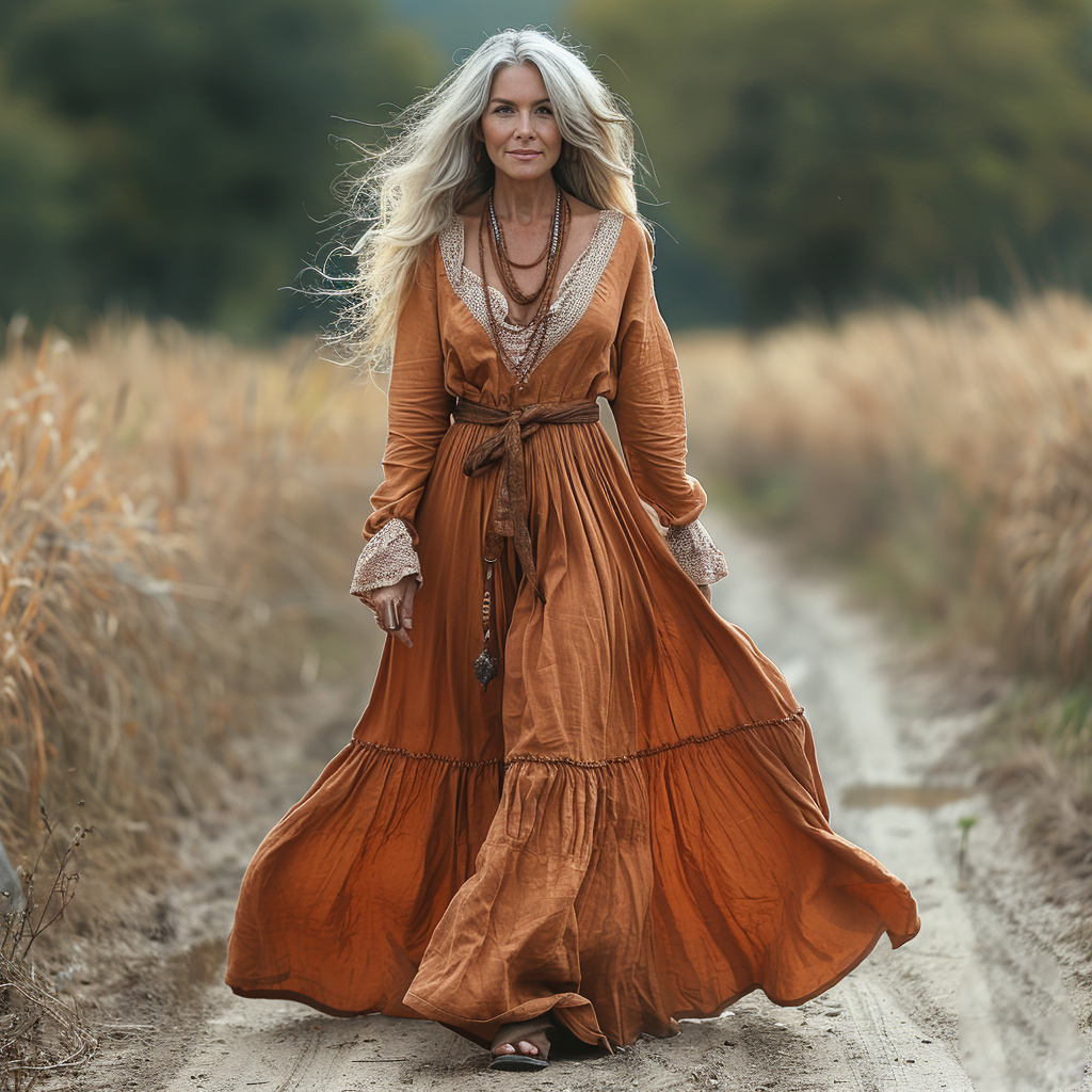 Women's Vintage Pastoral Style V-neck Linen Long-sleeve Maxi Long Dress