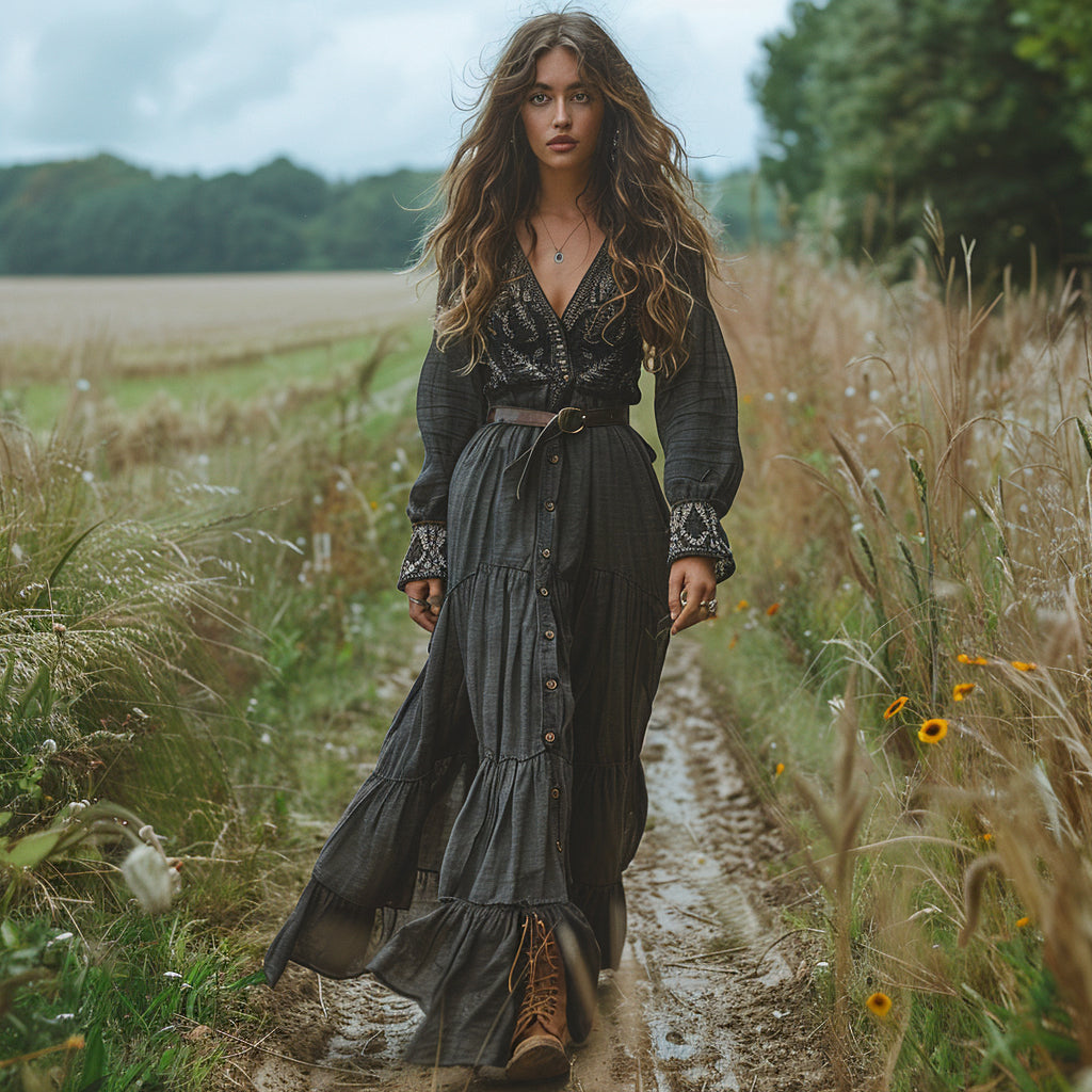 Women's Vintage V-neck Bohemian Pastoral Style Long-sleeve Maxi Long Dress