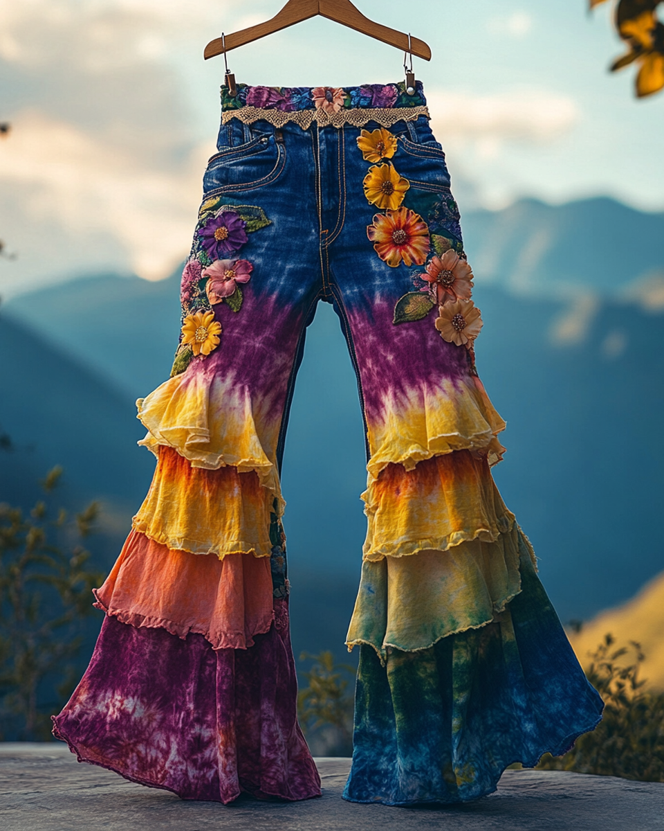 Summer ruffled denim cotton and linen patchwork contrast color pants a616