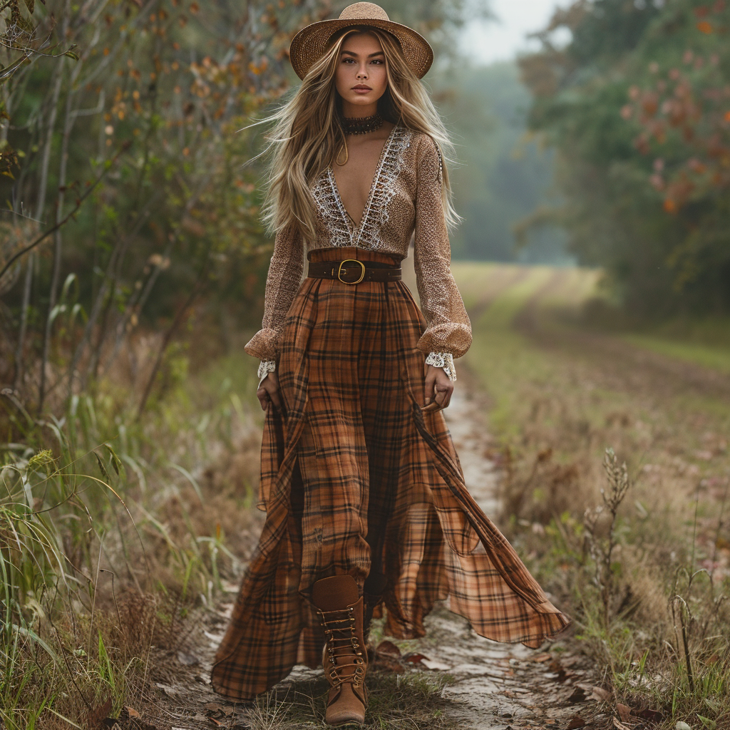 Women's Retro Plaid V-neck Long-sleeve Long Skirt Pastoral Style Maxi Long Dress