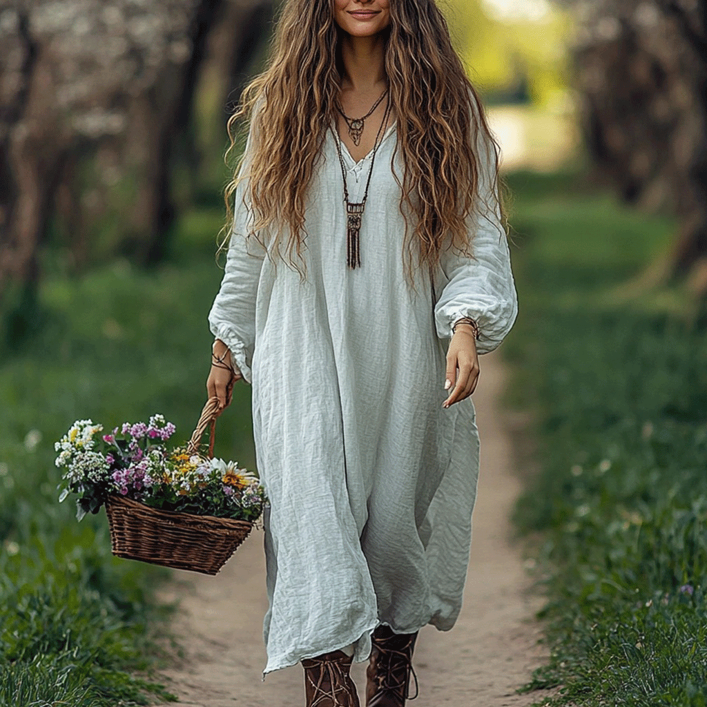 Women's Linen Bohemian Style Solid Color Casual Maxi Long Dress