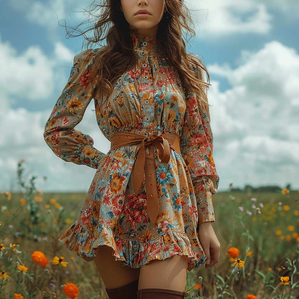 Women's Retro Floral Bohemian Pastoral Style Long-sleeved Mini Short Dress