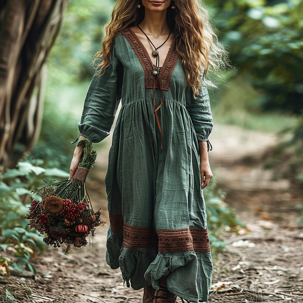 Women's Bohemian Linen Ethnic Simple Maxi Long Dress