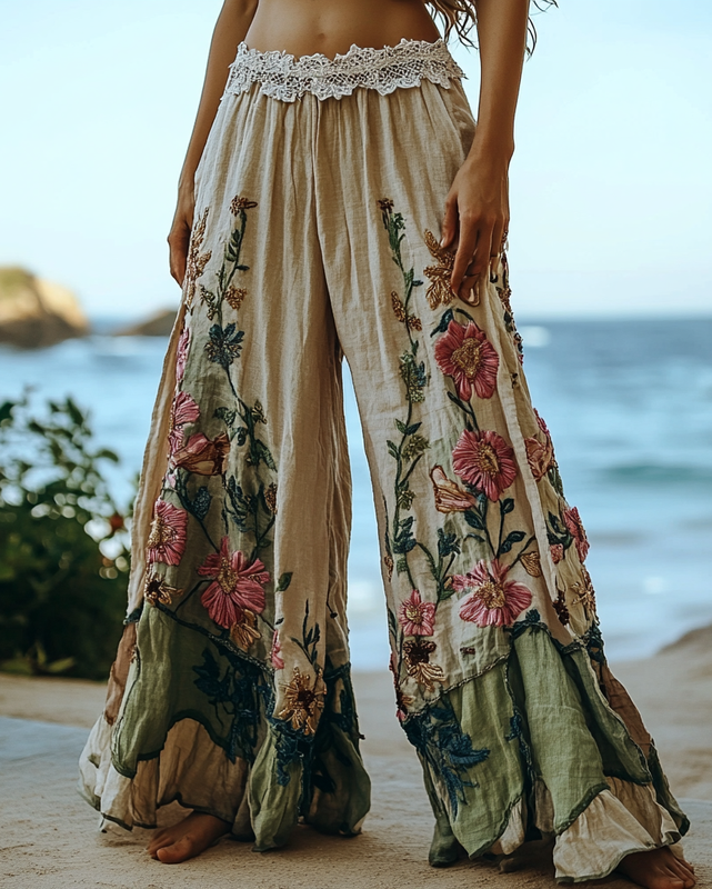 Summer Vacation Lace Handmade Floral Embroidery Pants e93a