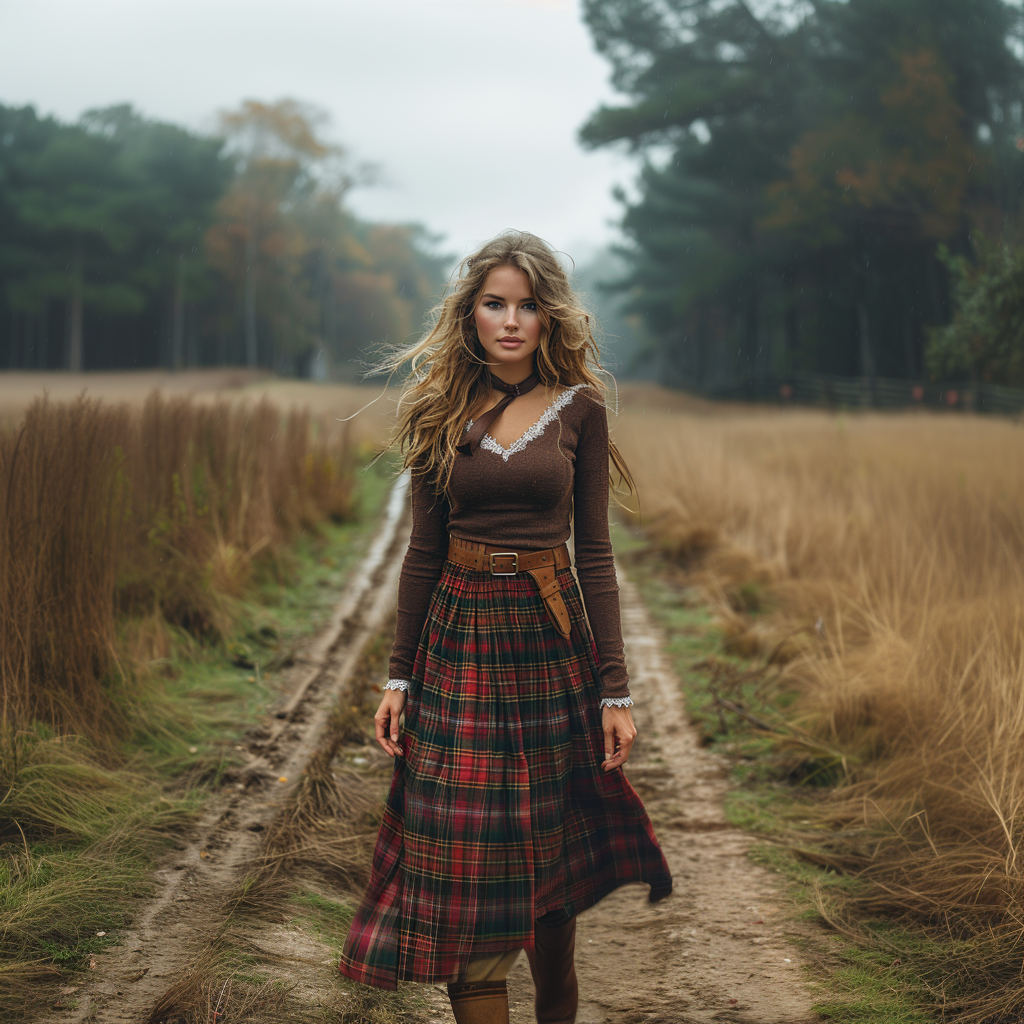 Women's Retro Plaid V-neck Long-sleeve Long Skirt Pastoral Style Maxi Long Dress