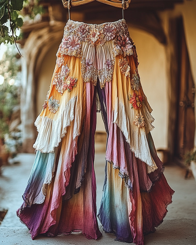 Summer Holiday Ruffle Color Gradient Splicing Linen Pants d8e1