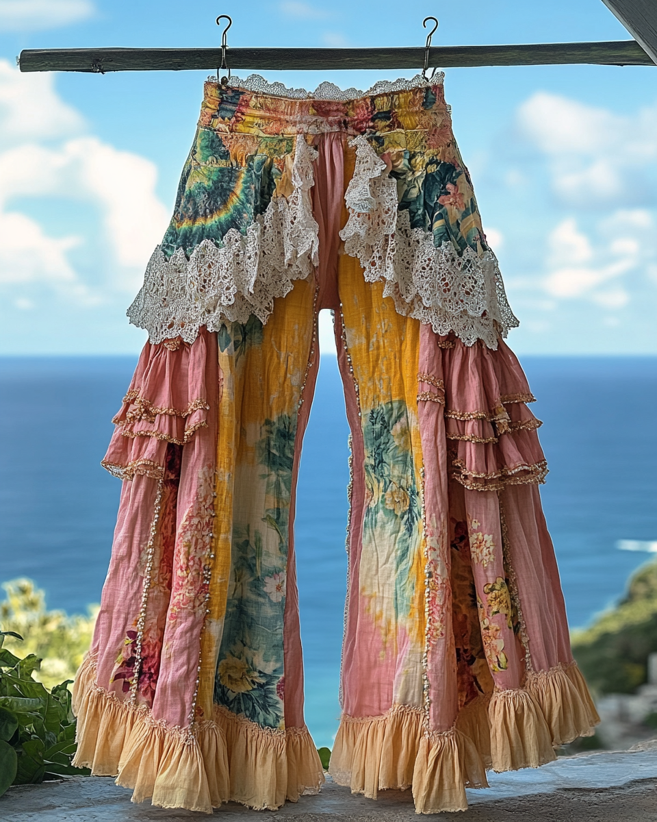 Summer ruffled denim cotton and linen patchwork contrast color pants 9b7f
