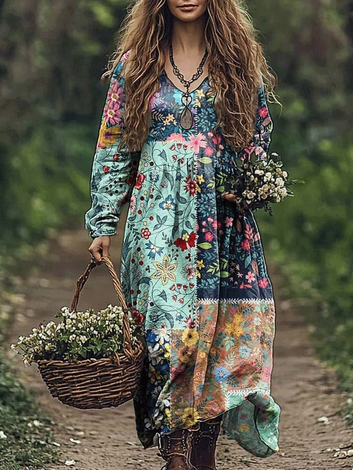 Women's Vintage Lovely Floral Art Print Pocket Cotton Dress