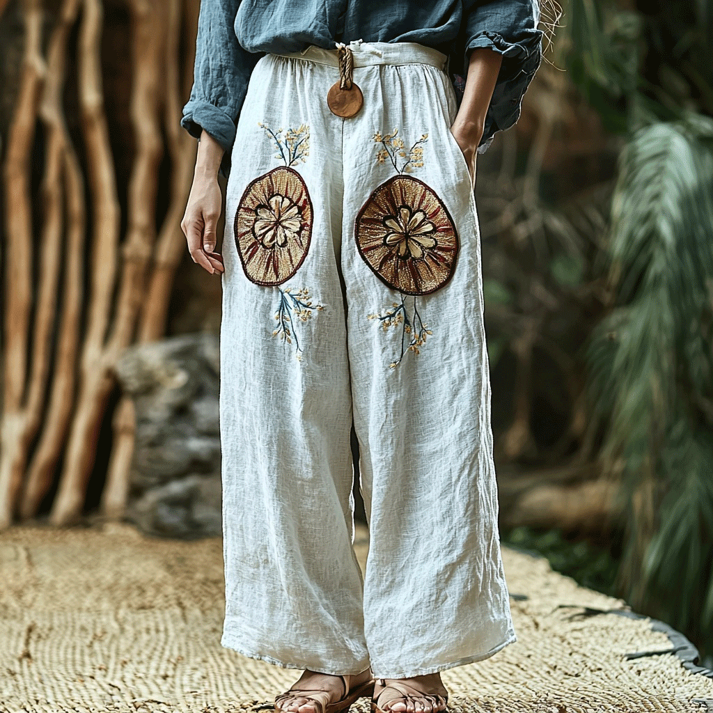 Women's Linen Bohemian Floral Casual Harem Trouser Pants