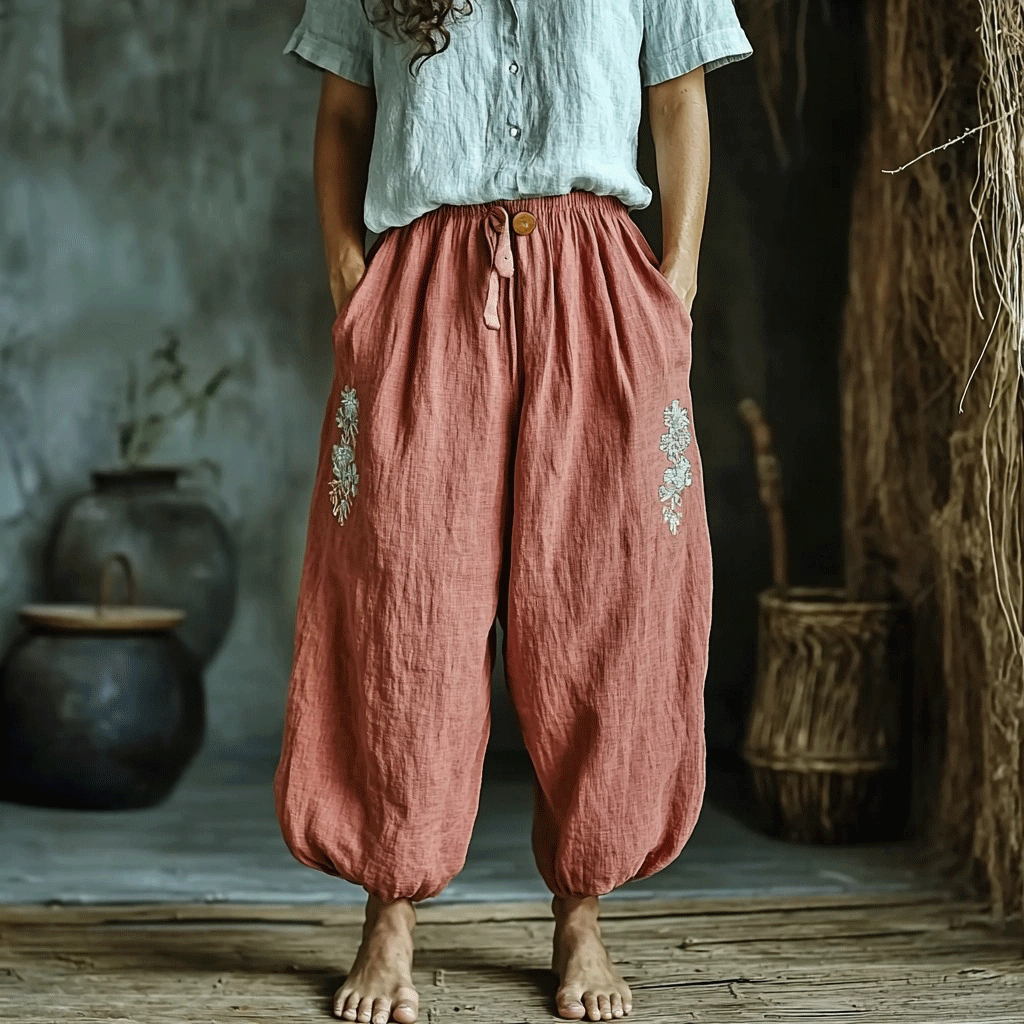 Women's Linen Bohemian Style Cropped Harem Trouser Pants