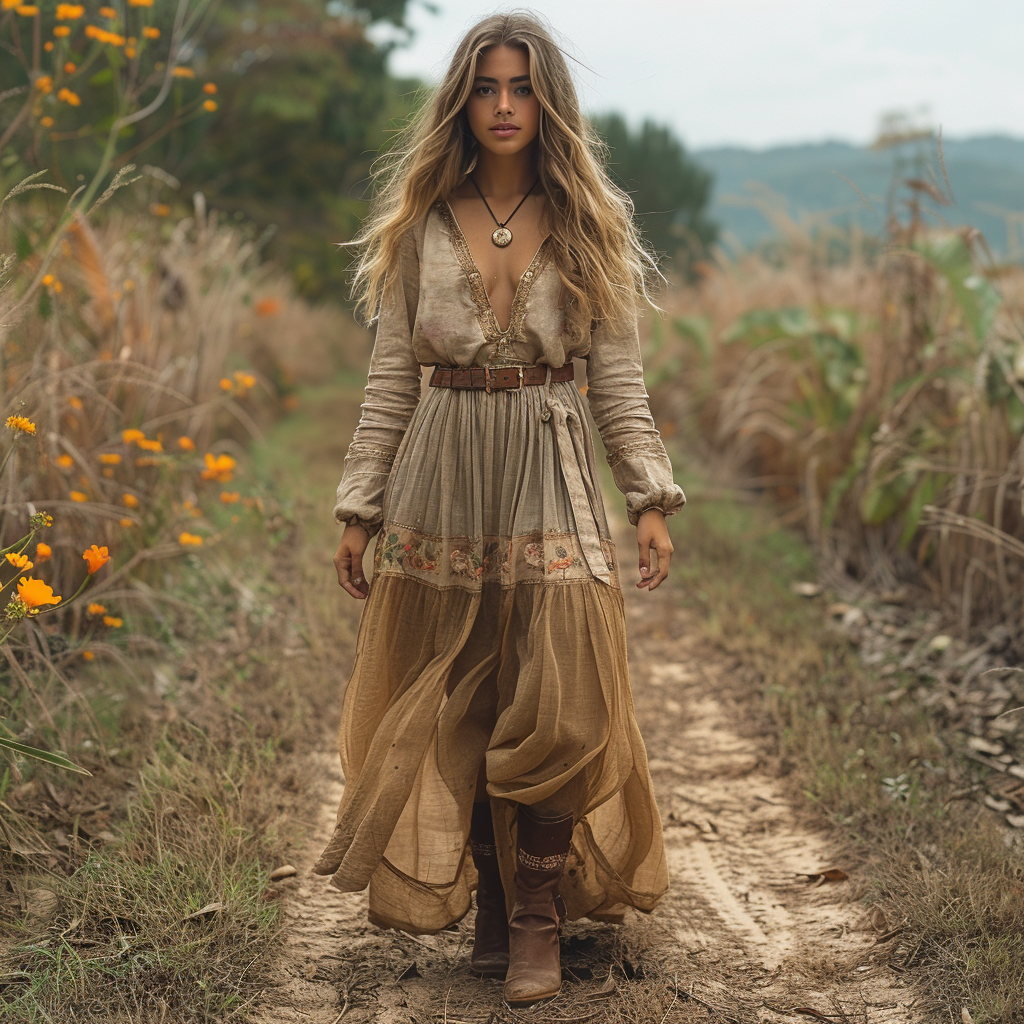Women's Vintage V-neck Bohemian Pastoral Style Long-sleeve Maxi Long Dress