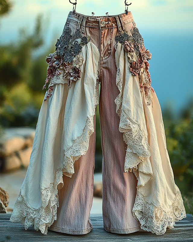 Summer Ruffle Linen Lace Splicing Denim Embroidery Pants 5264