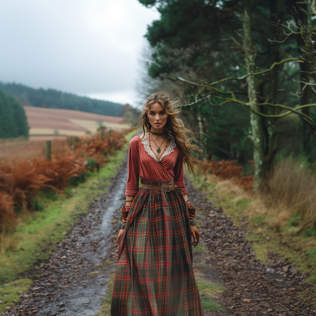 Women's Retro Plaid V-neck Long-sleeve Long Skirt Pastoral Style Maxi Long Dress