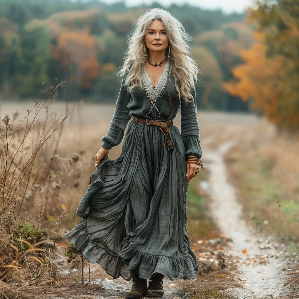 Women's Vintage Pastoral Style V-neck Linen Long-sleeve Maxi Long Dress
