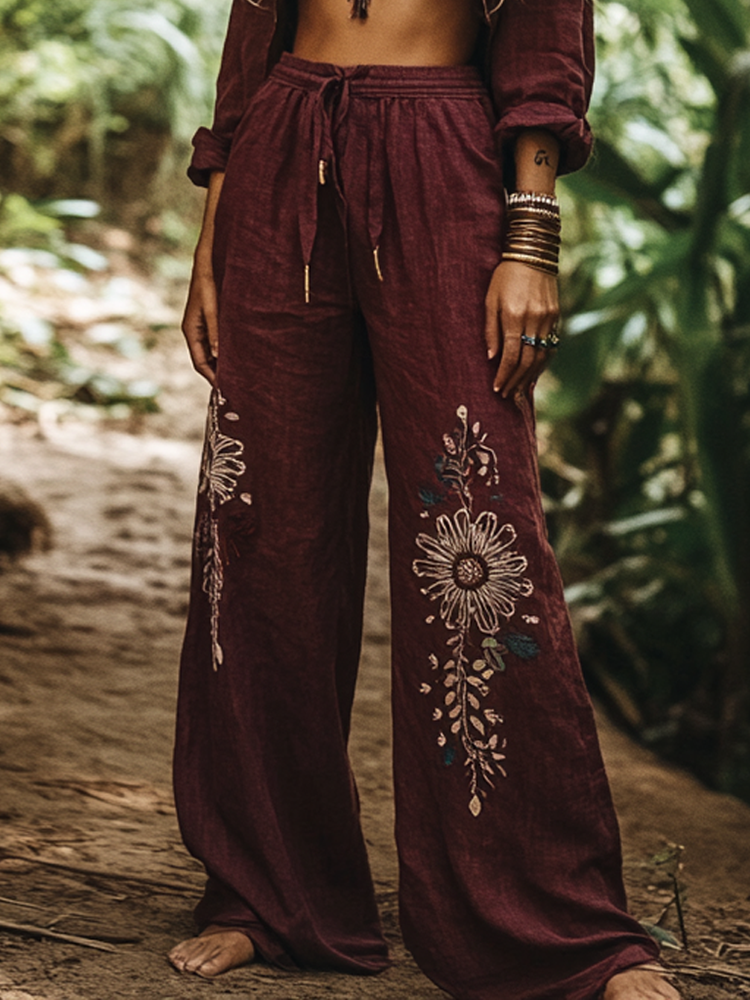 Vintage Bohemian Holiday Style Floral Art Printed Cotton Linen Wide Leg Pants dde9