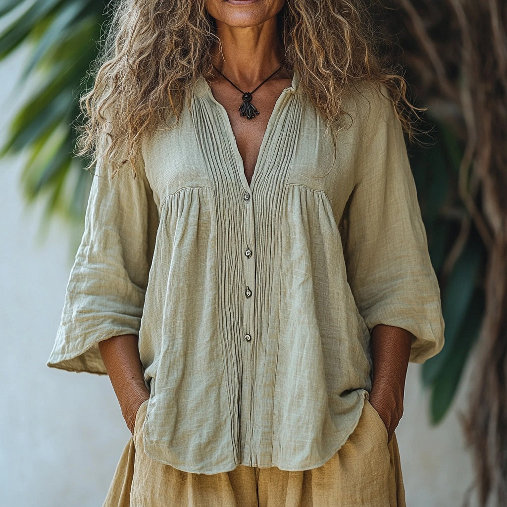 Women's Linen Pleated Long-sleeve Top Shirt