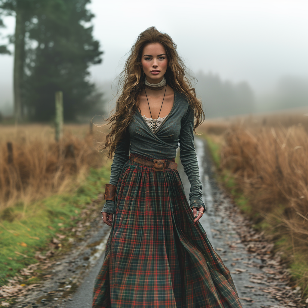 Women's Retro Plaid V-neck Long-sleeve Long Skirt Pastoral Style Maxi Long Dress