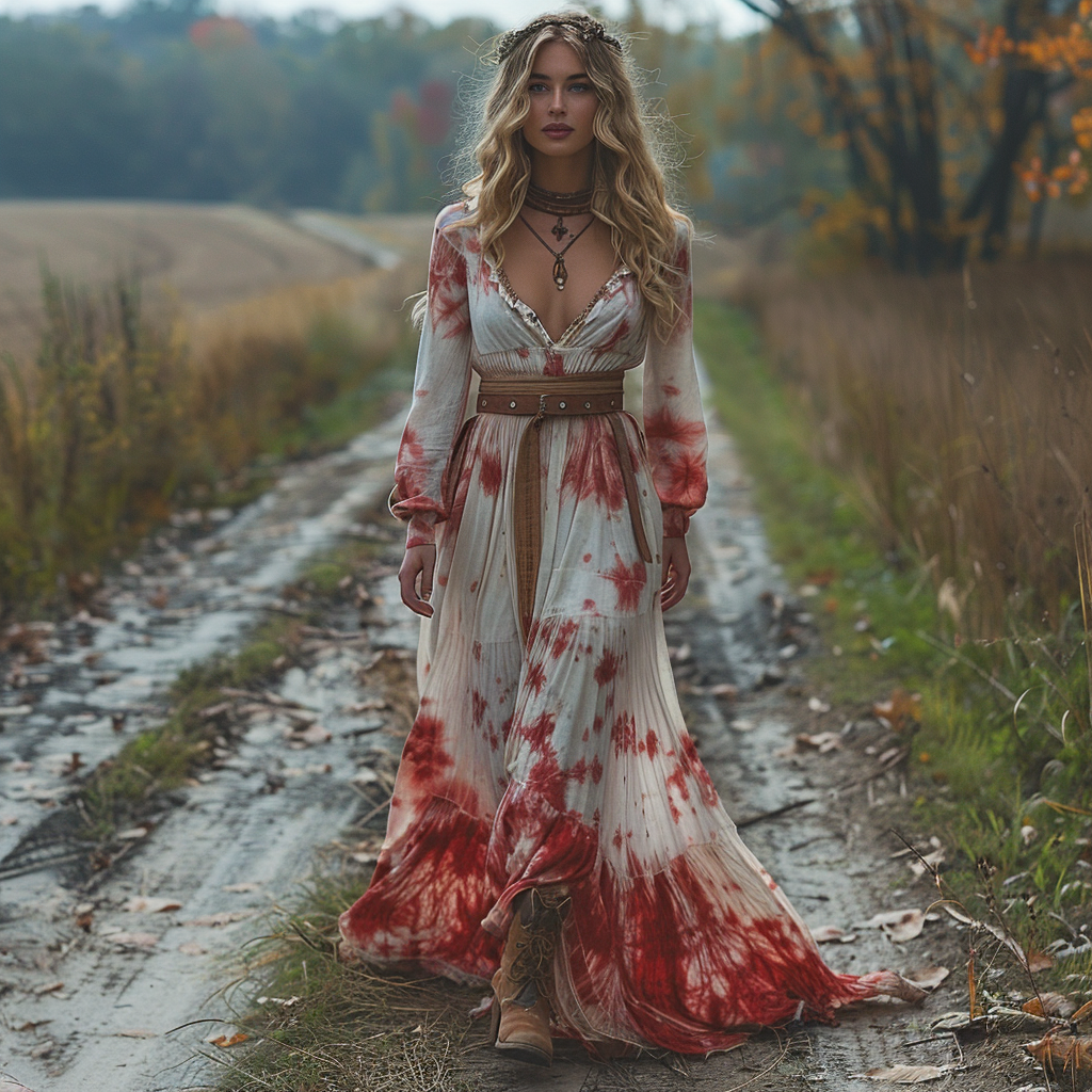 Women's Retro V-neck Pastoral Halloween Party Style Long-sleeve Maxi Long Dress