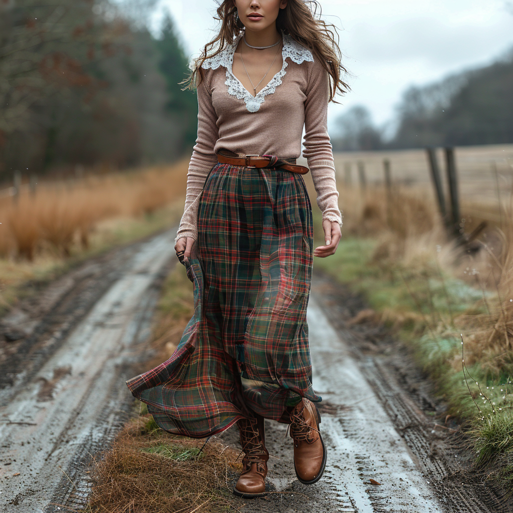 Women's Retro Plaid V-neck Long-sleeve Long Skirt Pastoral Style Maxi Long Dress