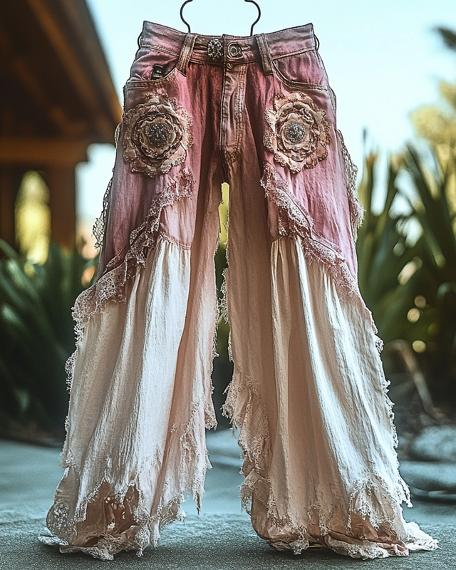 Summer Vacation Ruffle Lace Denim Patchwork Pants 8b23