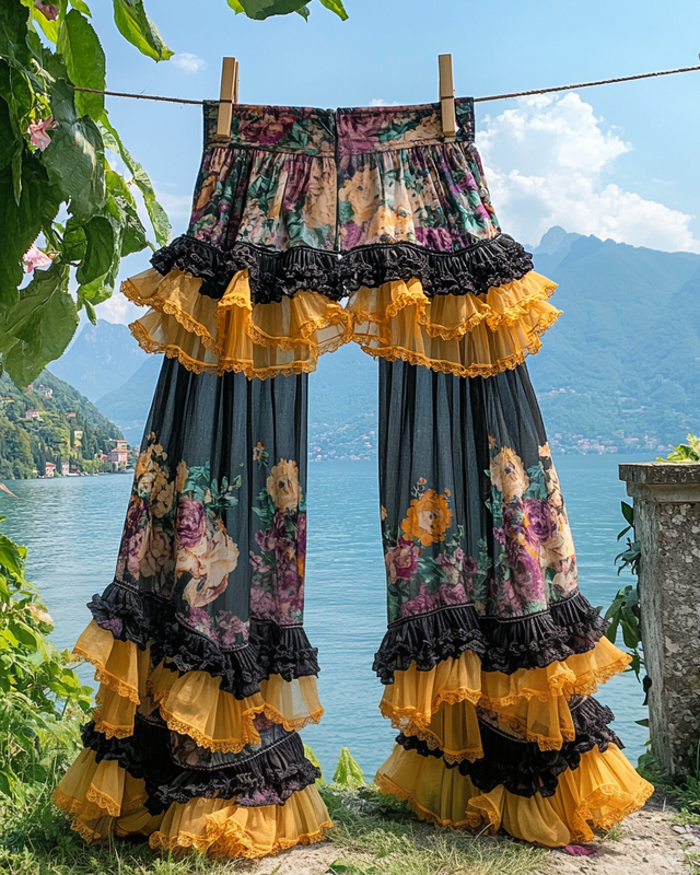 Summer ruffled cotton and linen patchwork contrast color pants 812f