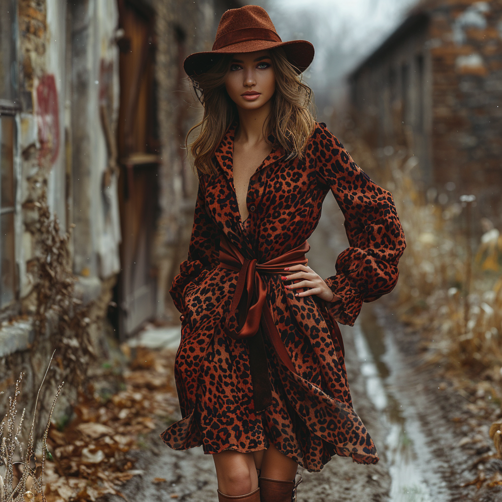 Women's Retro Pastoral Leopard Style Long-sleeve Short Skirt Dress