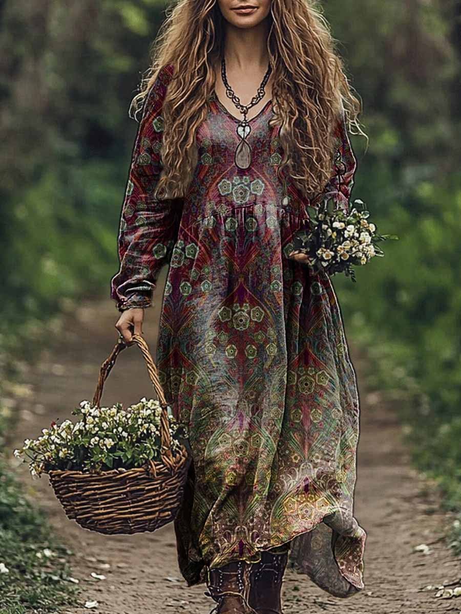 Women's Vintage Folk Totem Art Print V Neck Pocket Cotton Dress