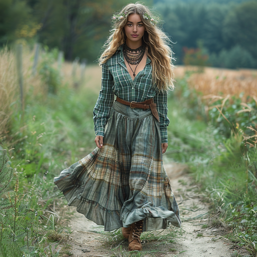 Women's Vintage V-neck Bohemian Pastoral Style Long-sleeve Maxi Long Dress