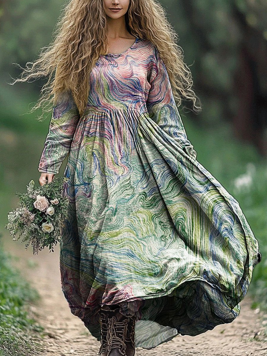 Women's Colorful Wave Art Print Pocket Cotton Dress