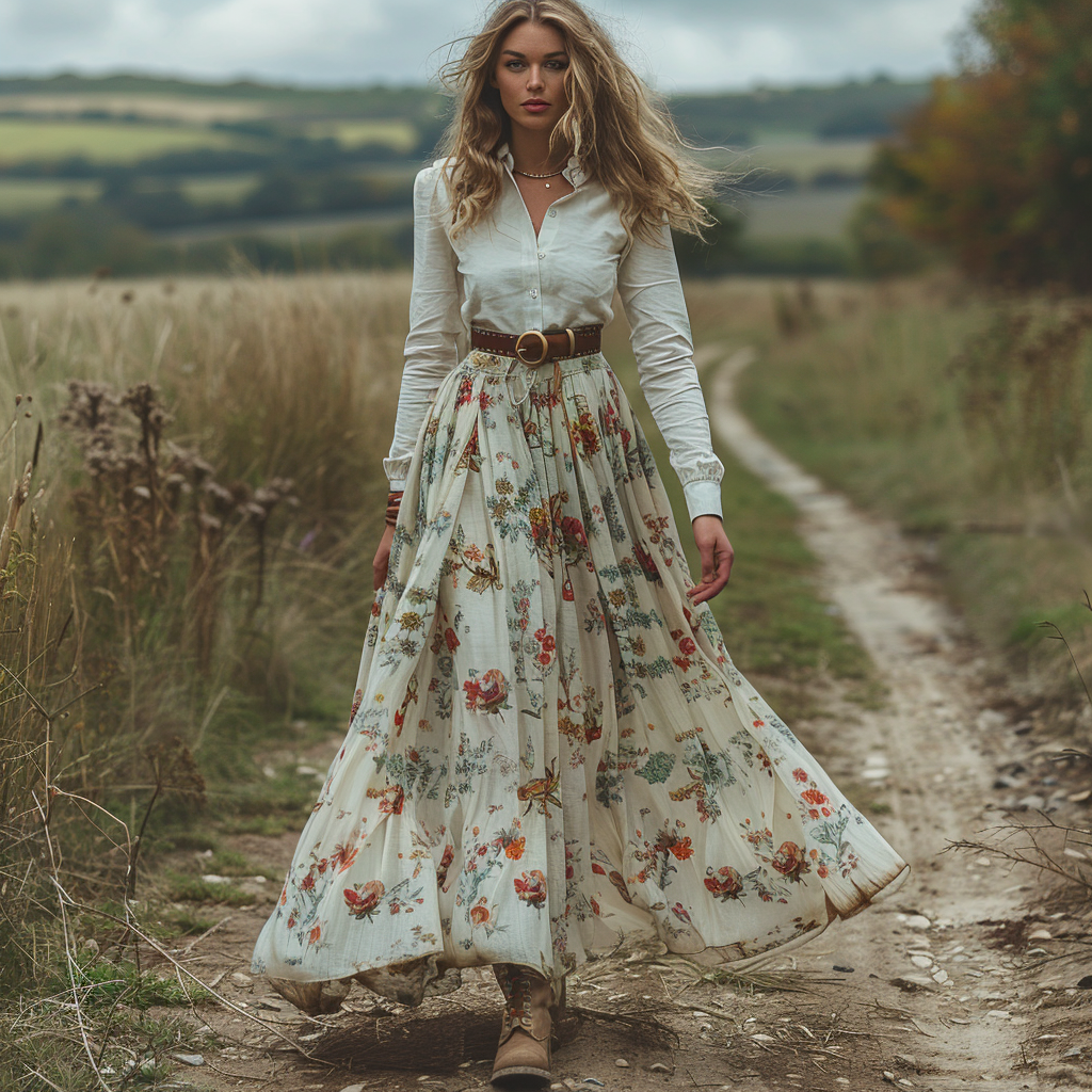 Women's Retro V-neck Floral Long-sleeve Bohemian Pastoral Style Maxi Long Dress