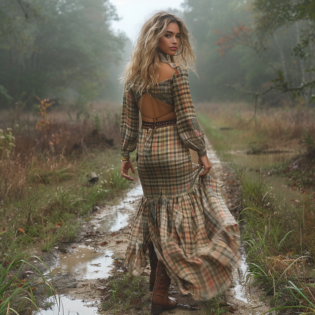 Women's Retro Pastoral Style Plaid Long-sleeve Sexy Maxi Long Dress