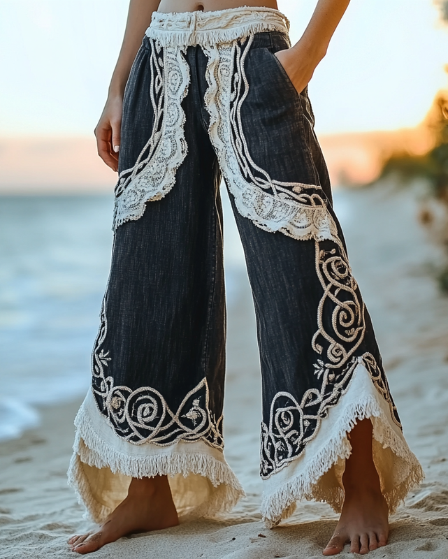 Summer Vacation Lace Handmade Floral Embroidery Pants 1f60