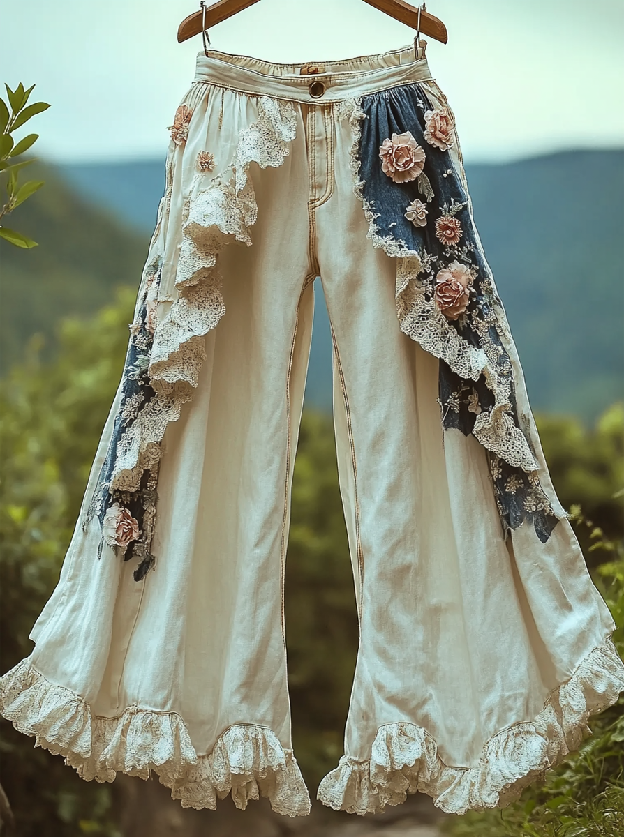 Summer ruffled denim cotton and linen patchwork contrast color pants 8b85