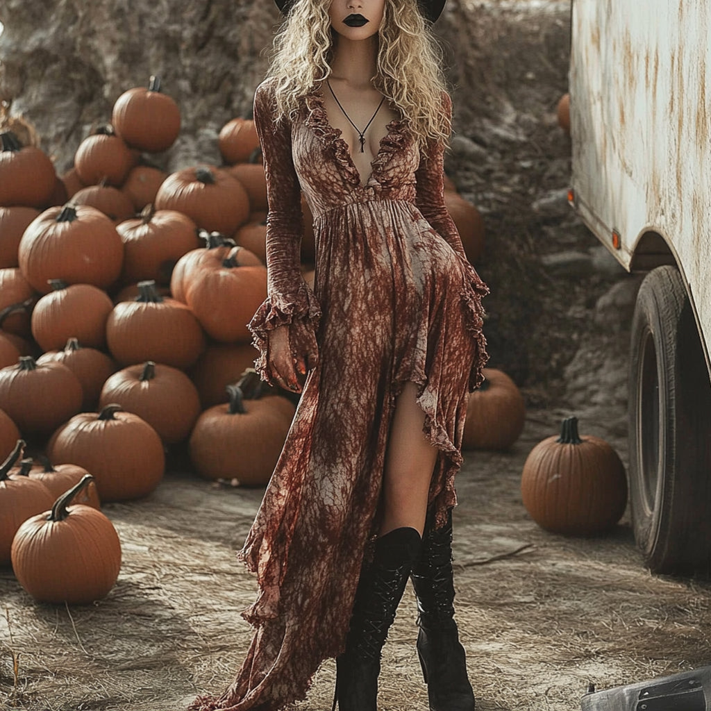 Women's Halloween Witch Style Tie-dye Long-sleeve Maxi Long Dress