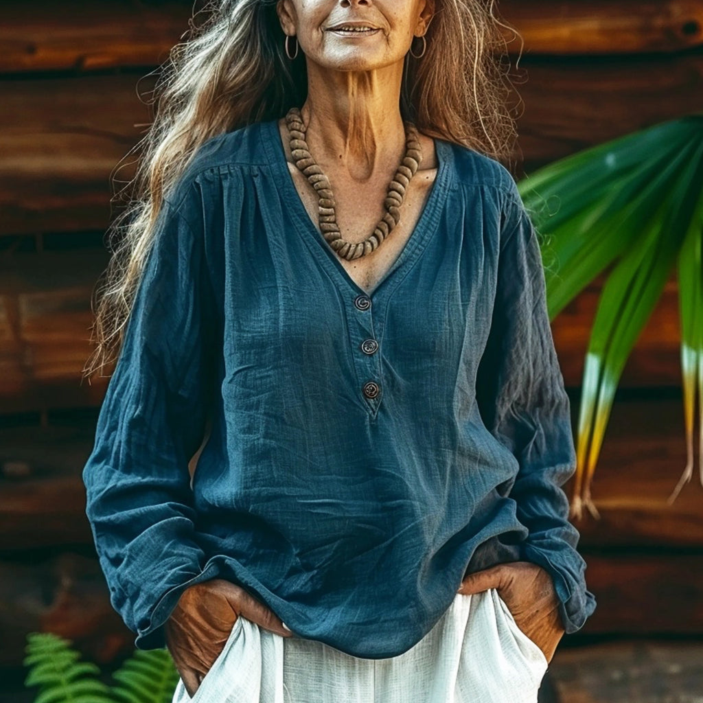 Women's Bohemian Linen Style V-neck Solid Loose Long-sleeve Top Shirt