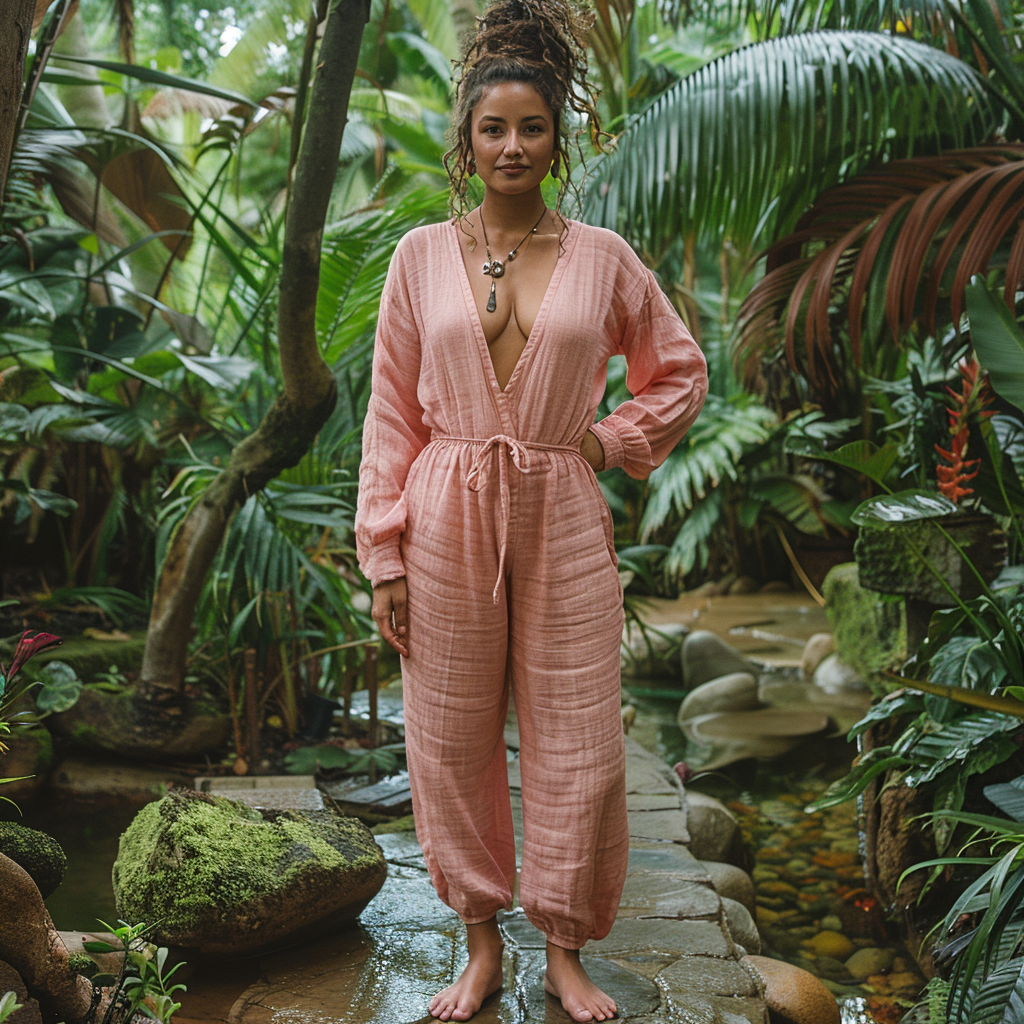 Women's Linen Retro Ethnic Bohemia Style Large Silhouette V-neck Jumpsuit