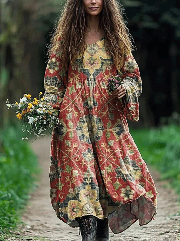 Women's Vintage Lovely Floral Art Print Pocket Cotton Dress