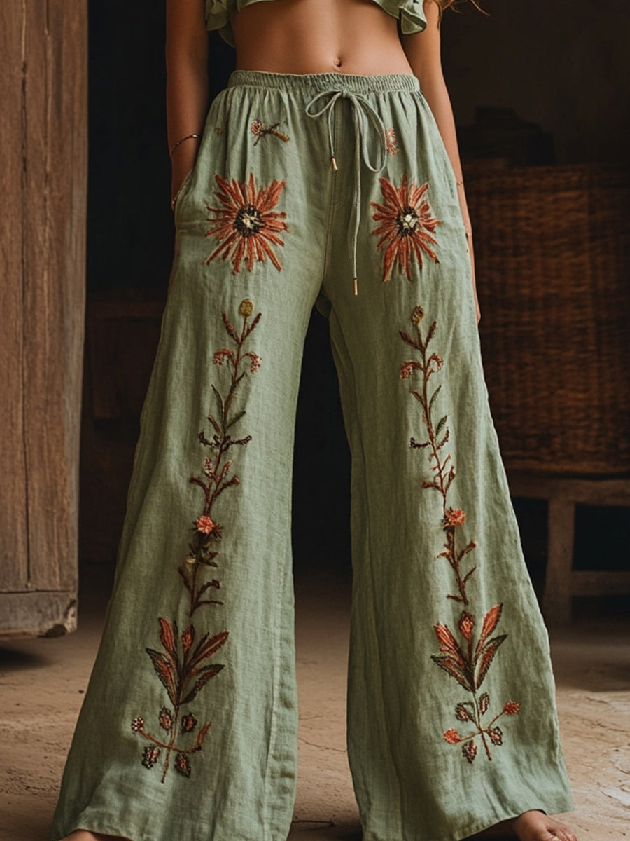 Women's Retro Linen Boho Flowers Art Long Loose Wide-leg Trouser Pants 224c