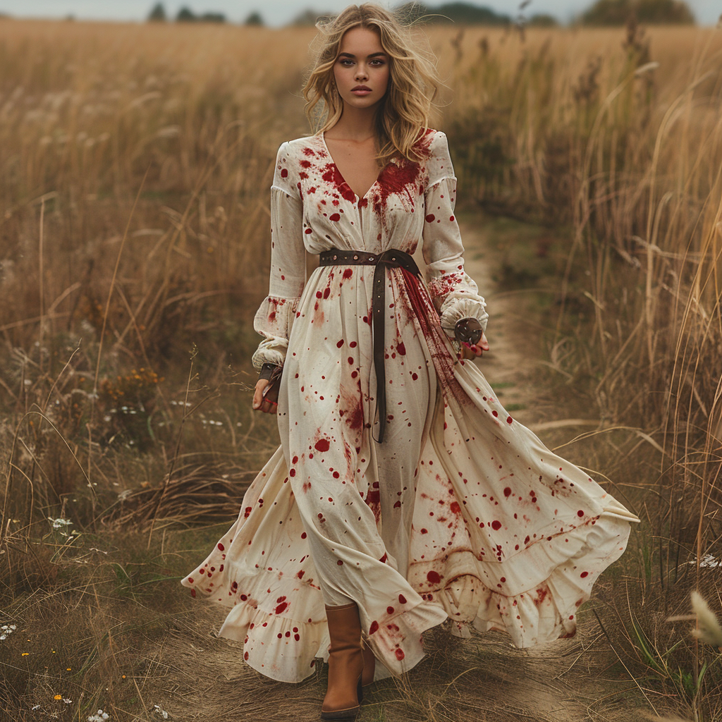 Women's Retro V-neck Pastoral Halloween Party Style Long-sleeve Maxi Long Dress