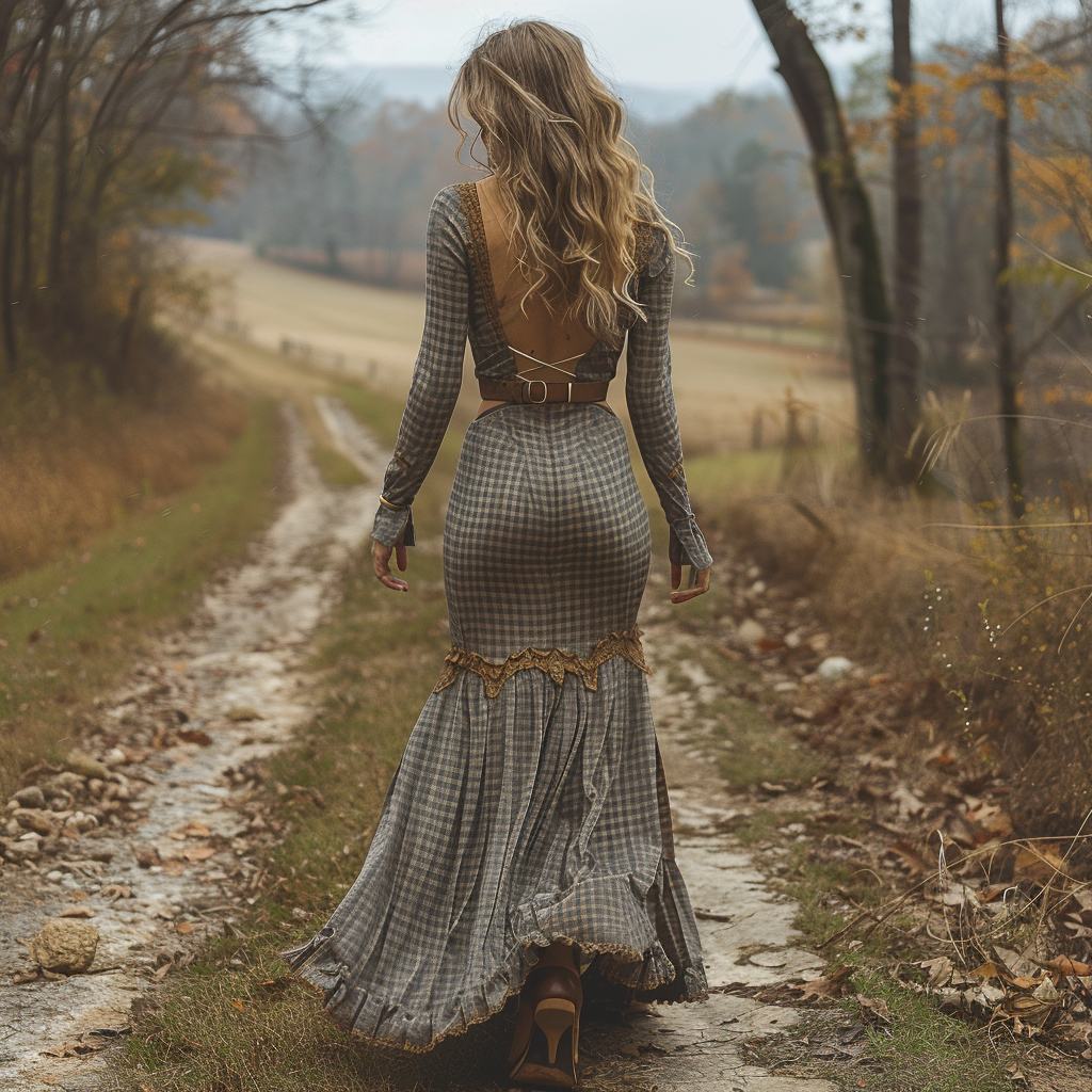 Women's Retro Pastoral Style Plaid Long-sleeve Sexy Maxi Long Dress