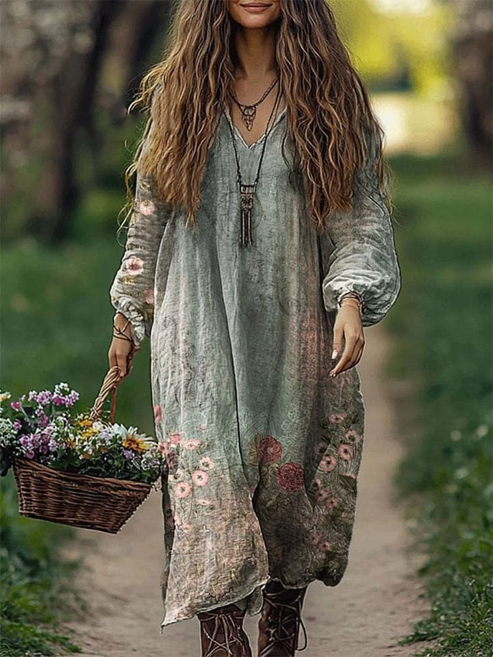 Women's Vintage Flowers Print Loose V Neck Pocket Cotton Dress