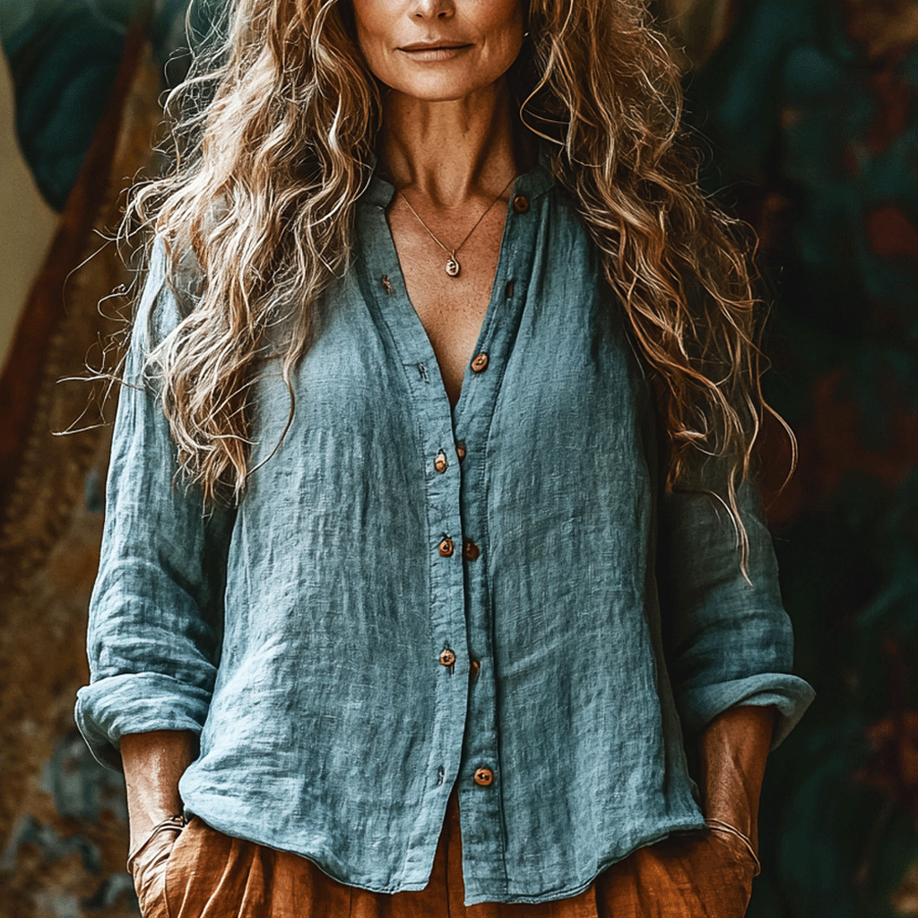 Women's Linen Bohemia Style Plain Long-sleeved Breathable Top Shirt