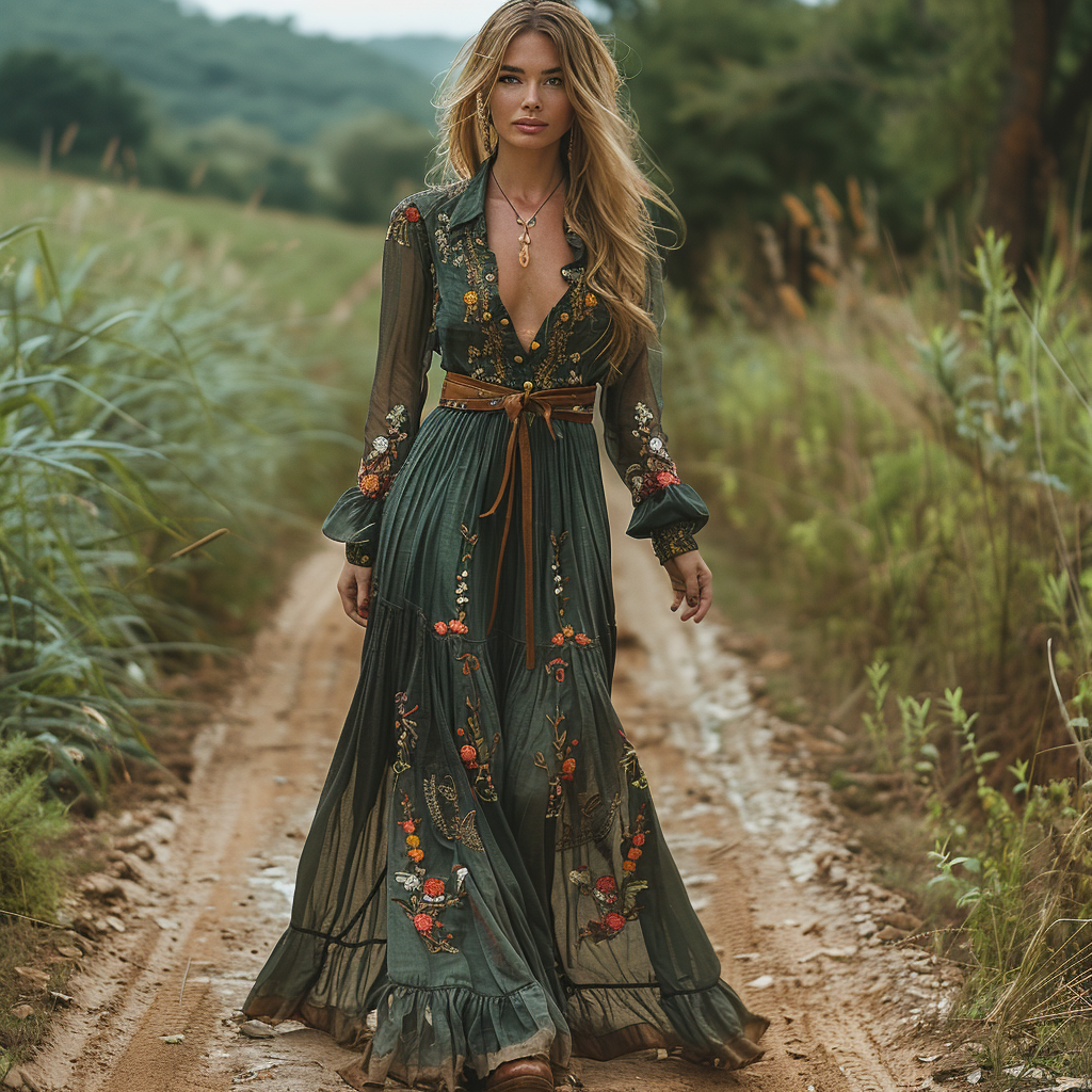 Women's Vintage V-neck Floral Bohemian Pastoral Style Long-sleeved Maxi Long Dress