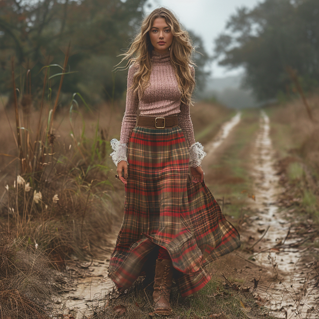 Women's Retro High Neck Long-sleeve Long Skirt Plaid Pastoral Style Maxi Long Dress