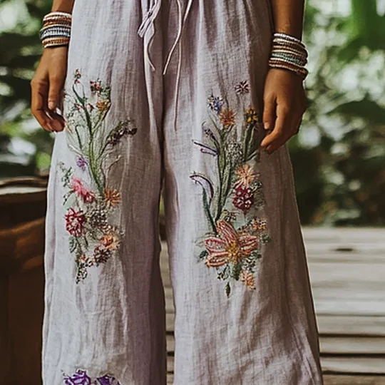 Hamivibe Vintage Bohemian Floral Art Printed Cotton Linen Wide Leg Pants 3466