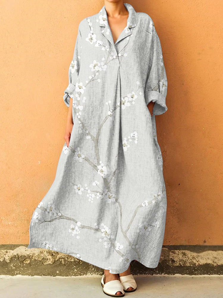 Vintage Floral Art Lapel Long Sleeve Dress