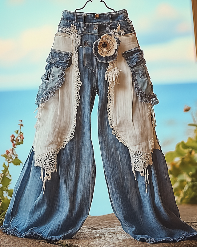 Summer Vacation Ruffle Lace Patchwork Pants 04e2